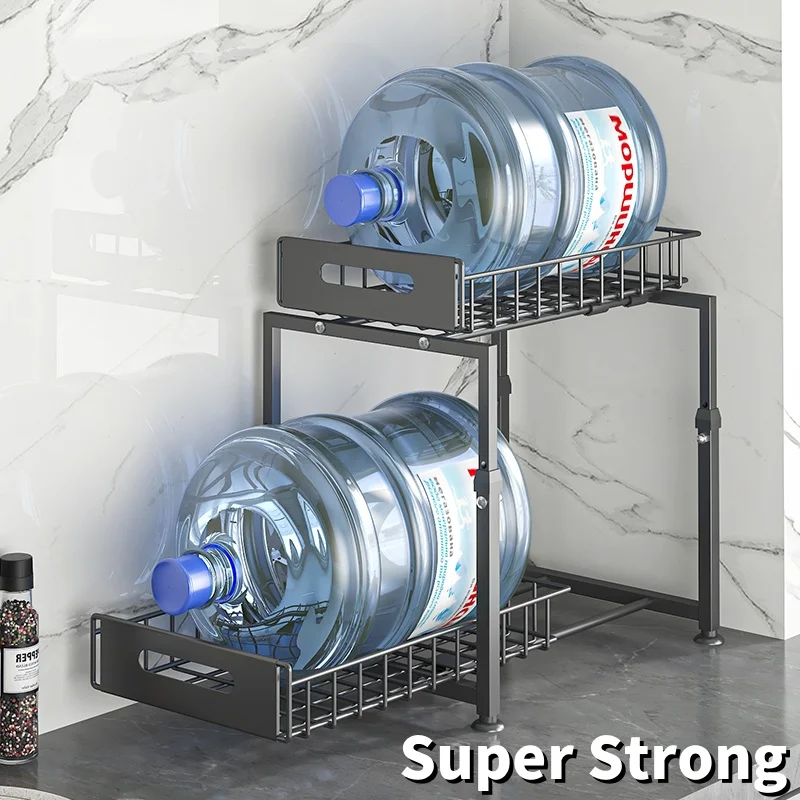 2-Tier Under Sink Pull Out Storage Rack, Height Adjustable Cabinet Organizer, Heavy Duty Thickened Metal Shelf, Multi-Use - Image 3