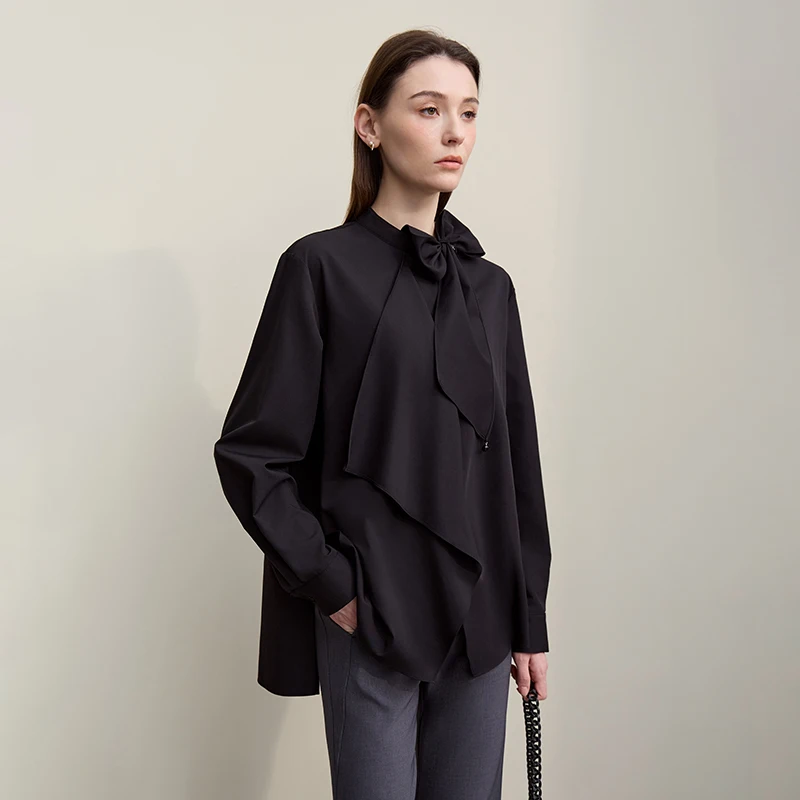 Amii Women Shirt 2026 Autumn New French Elegant Beaded Stand-up Collar Women's Shirt Asymmetrical Loose Ruffle Blouse 12641017 - Image 4