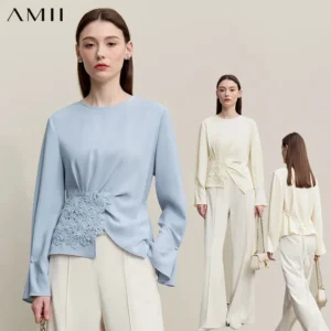 Amii Women's Blouse 2026 Autumn New Elegant Commuter Crew Neck Lace Chiffon Women's Shirt Loose Versatile Elegant Top 12681001