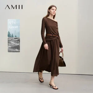 Amii Womens Dresses 2026 Autumn New Casual Elegant Asymmetric Cowl Neck Dress Women's Slim Waist Cinched A-Line Skirt 12641101